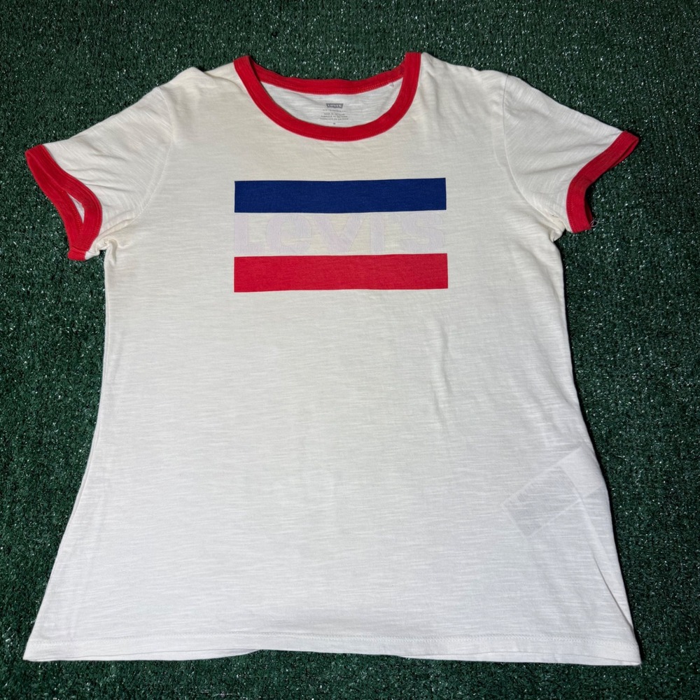Levis Womens Ringer Tee White Red Blue Colorblock Logo Slub Cotton Shirt Medium